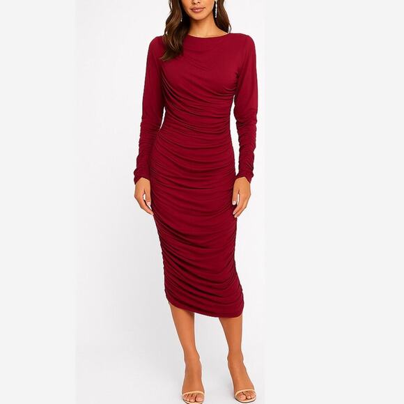 JLuxLabel Burgundy Ruched Long Sleeve Bodycon Dress Size S - Picture 1 of 6